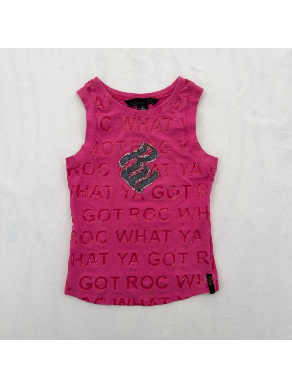 Y2K ROCAWEAR Pink Embossed Spellout Tank Top Distressed Denim Logo Patch Size S